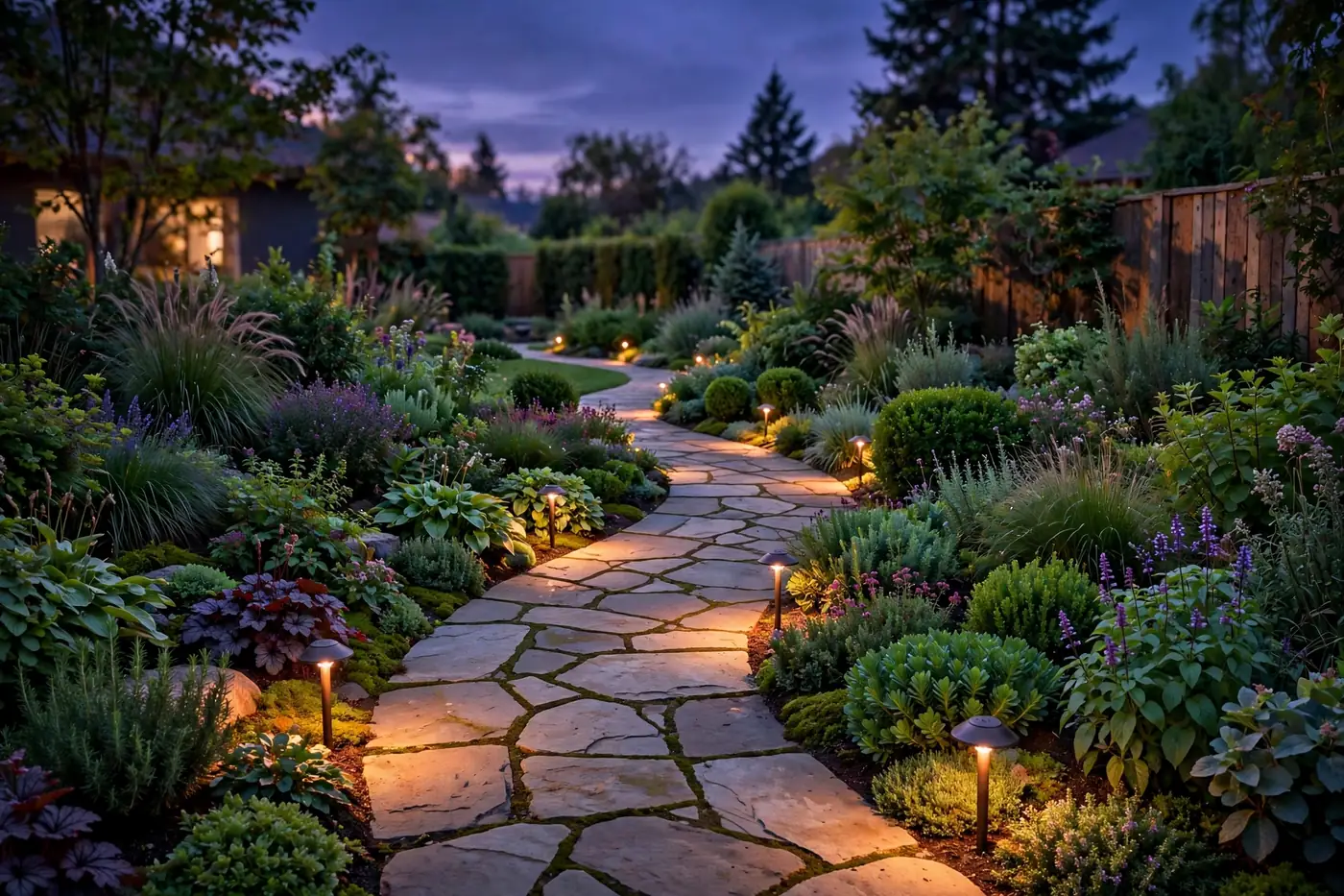 A custom garden path lined with glowing path lights at dusk