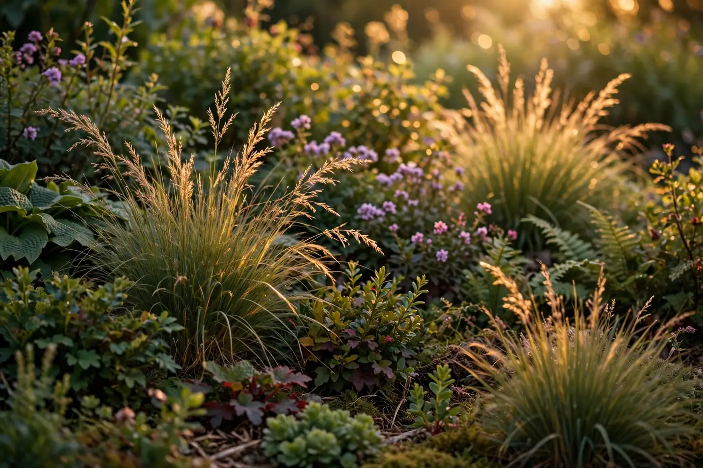 A lush planted garden bed glowing in warm evening light