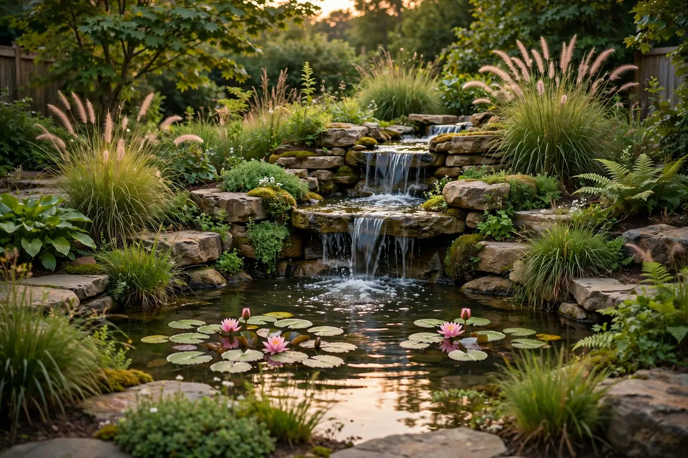 A backyard water garden with a stone waterfall